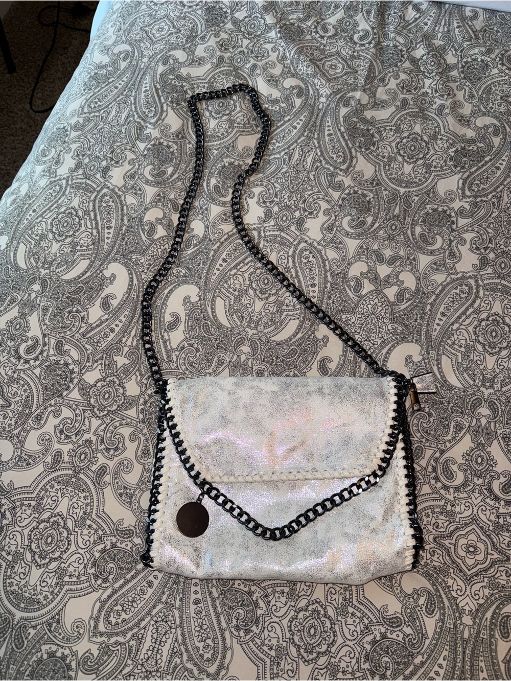 Metallic Silver Chain-Trim Crossbody Bag